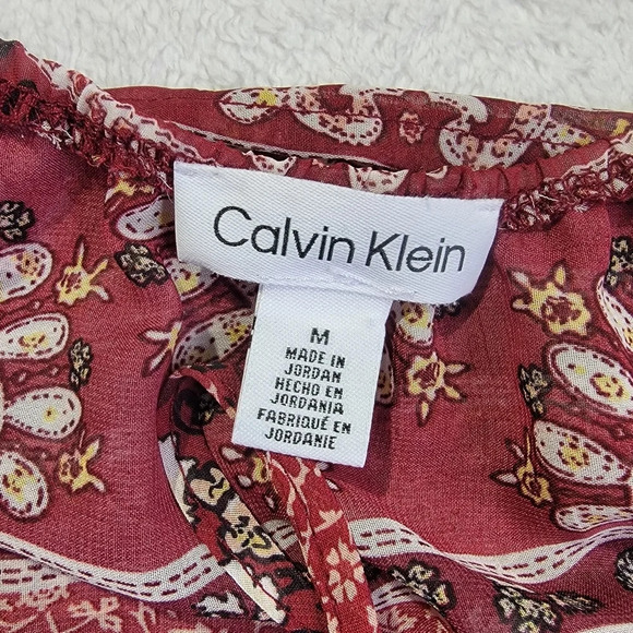 Calvin Klein Boho Red Print 3/4 Sleeve Gathered Waist Sheer Lined Dress Size M - Picture 8 of 12